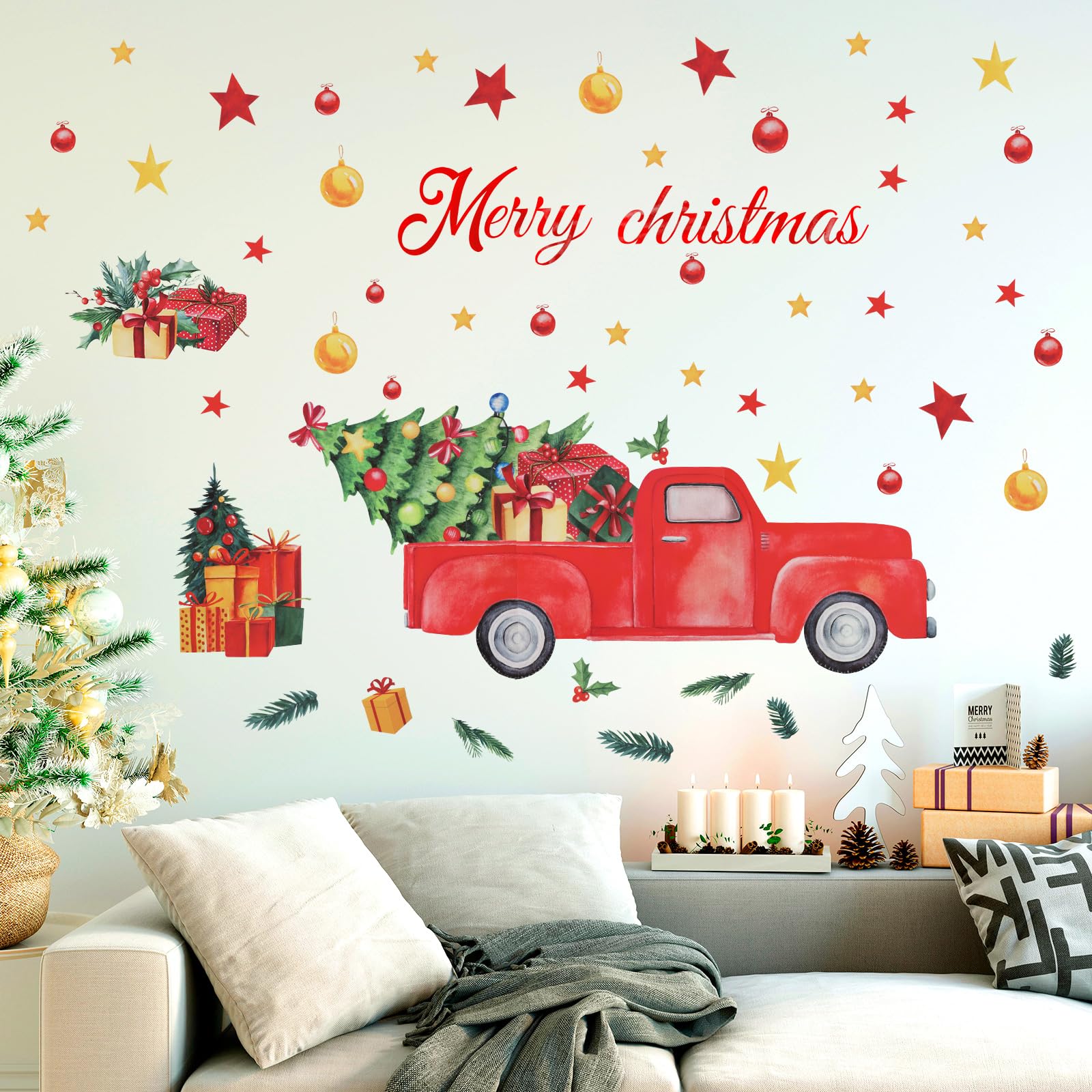 Glenmal 40 Pcs Merry Christmas Wall Decals Christmas Truck Wall Stickers Farmhouse Red Truck with Christmas Trees Wall Decals fo